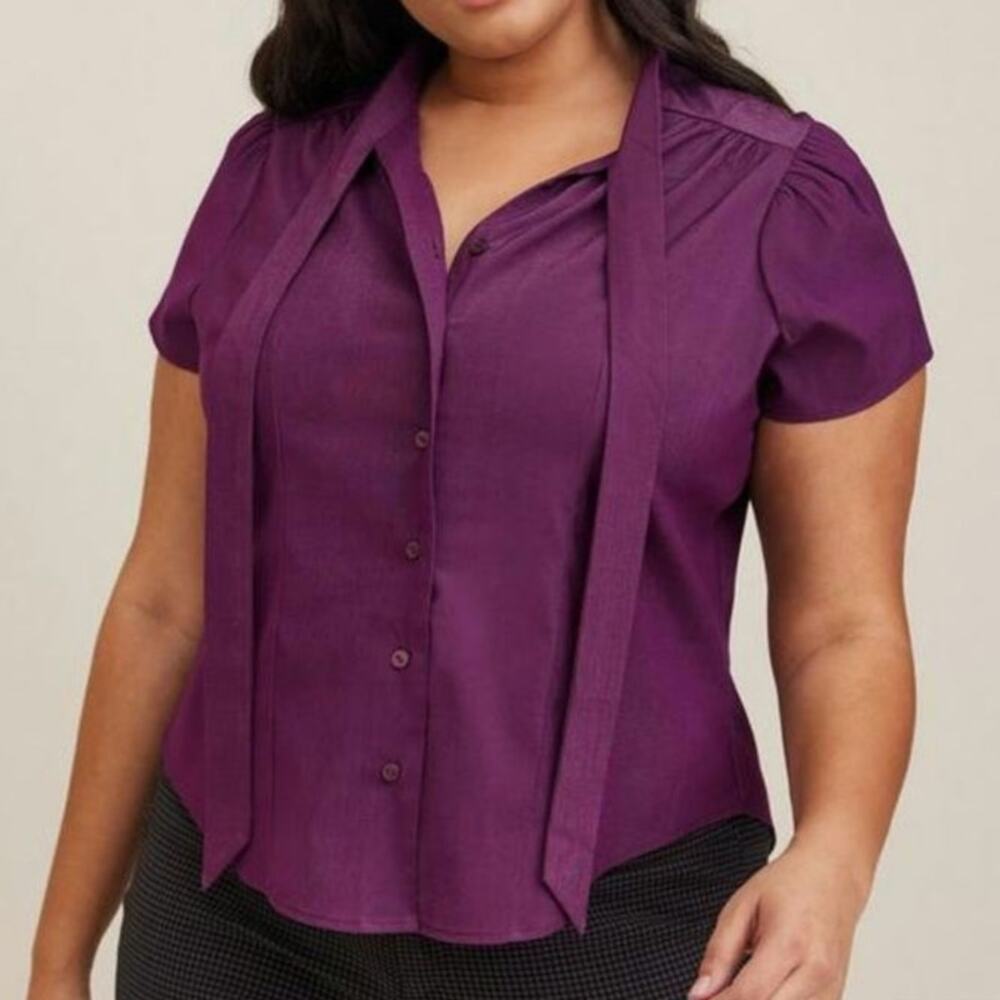 Torrid Retro Chic Poplin Tie Neck Button Front Shirt in Potent Purple